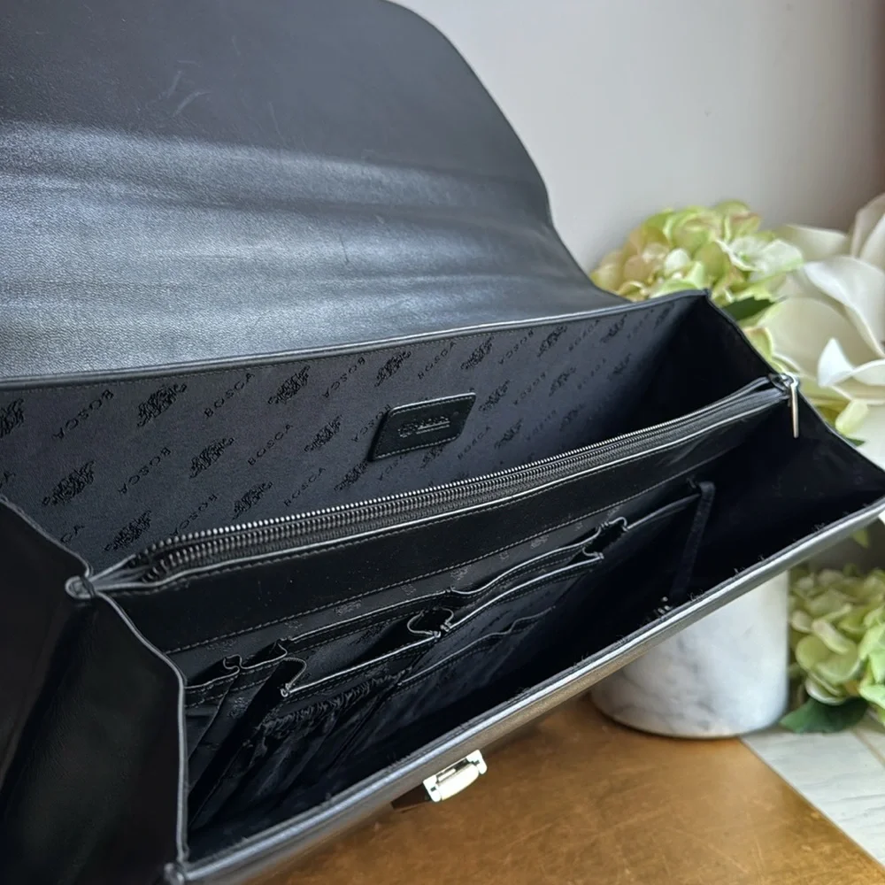 Bosca Leather Double Gusset Flapover Briefcase in Epi and Smooth Black Leather